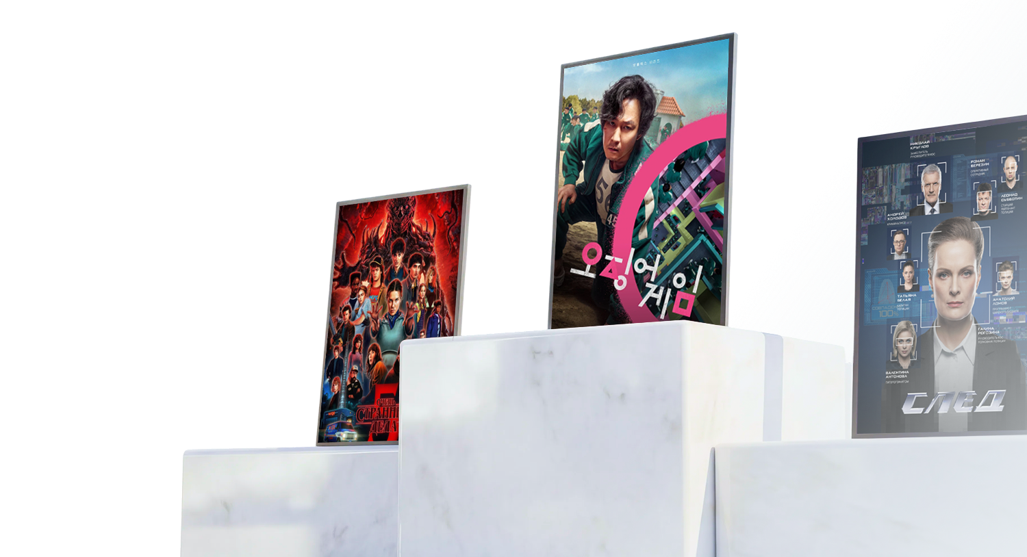 Series posters on podiums